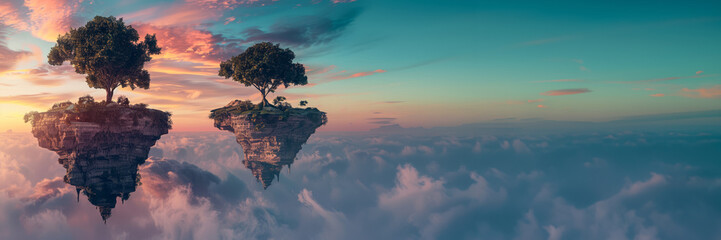 Surreal floating islands against a twilight sky, background with empty space for text 