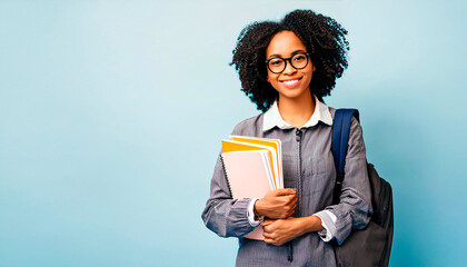 JOVEM ESTUDANTE SORRINDO SEGURANDO LIVROS E CADERNOS EM UM CONCEITO DE VOLTA &Agrave;S AULAS E ENSINO SUPERIOR, UNIVERSIT&Aacute;RIO E PREPARAT&Oacute;RIO PARA CONCURSO P&Uacute;BLICO