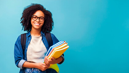 JOVEM ESTUDANTE SORRINDO SEGURANDO LIVROS E CADERNOS EM UM CONCEITO DE VOLTA &Agrave;S AULAS E ENSINO SUPERIOR, UNIVERSIT&Aacute;RIO E PREPARAT&Oacute;RIO PARA CONCURSO P&Uacute;BLICO