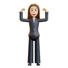 3d woman. A strong office worker shows off his muscles and is confident of success. A businesswoman in a suit reflects emotions. 3D rendering, illustration in cartoon style, isolated.