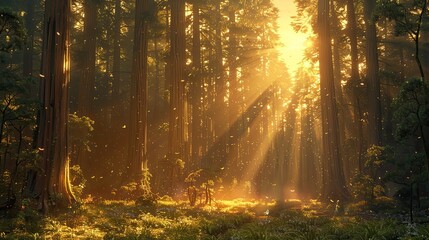 Obraz premium A photo of an ancient forest with towering redwoods, a morning sky with golden sunlight and dew-covered leaves in the background