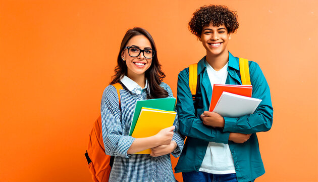 JOVEM ESTUDANTE SORRINDO SEGURANDO LIVROS E CADERNOS EM UM CONCEITO DE VOLTA &Agrave;S AULAS E ENSINO SUPERIOR, UNIVERSIT&Aacute;RIO E PREPARAT&Oacute;RIO PARA CONCURSO P&Uacute;BLICO