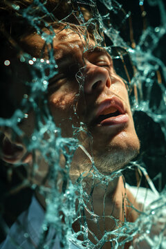 Unsettled figure ensnared in splintered mirror segments, signifying fragmented sleep paralysis 