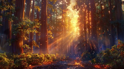A photo of an ancient forest with towering redwoods, a morning sky with golden sunlight and dew-covered leaves in the background
