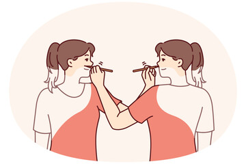 Two women draw each other at same time for concept of self - development and realization of inner potential. Young girls create their own image symbolizing work on development of personal brand