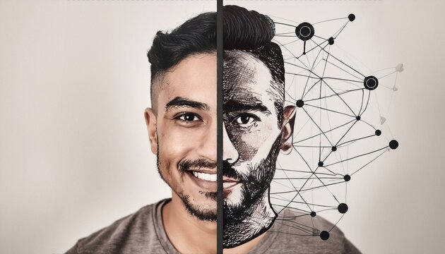 Of two minds - Man divided with two art styles. Half of his face is photorealistic. The other half is a sketch with lines and dots representing technology or connected thoughts.