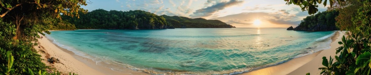 Naklejka premium A panoramic shot of a tropical paradise beach with crystal-clear turquoise water, white sandy shores, and lush greenery. The sun sets in the background, creating a warm, inviting atmosphere.