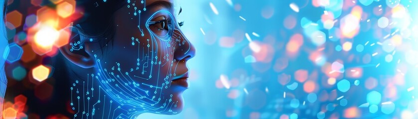 An illustrated profile of a woman with futuristic neon blue circuitry overlay on her face