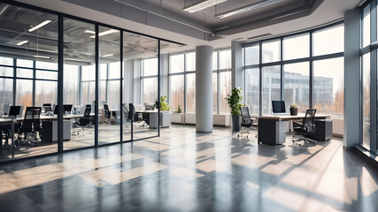 Beautiful blurred background of a modern office interior in gray tones with panoramic windows, glass partitions and orange color accents. Generative AI