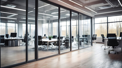 Beautiful blurred background of a modern office interior in gray tones with panoramic windows, glass partitions and orange color accents. Generative AI