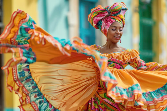 Cuban Woman in Traditional Rumba Dress Dancing in Vibrant Street Scene
