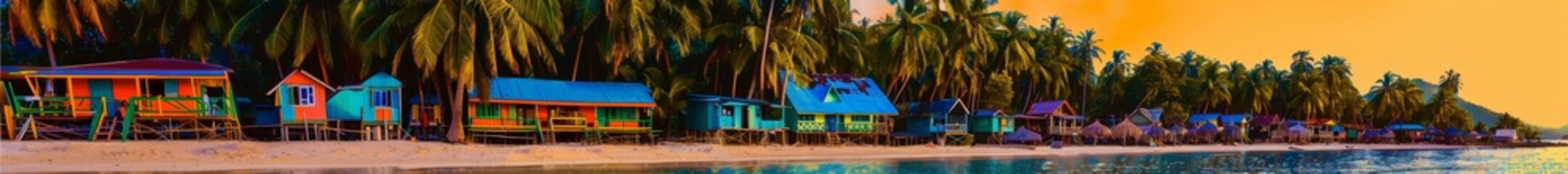 A tropical island beach at sunset, with colorful beach huts lining the shore and palm trees swaying in the breeze. The vibrant colors of the sky reflect off the clear blue water, creating a magical