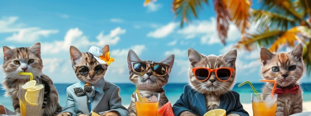Fashionable Pets Celebrating Summer Party at Tropical Vacation Destination - Vibrant 4K Imagery for Lifestyle, Travel and Drinks