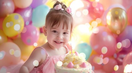 Fototapeta premium toddlers birthday party, celebration, child, happiness, holiday, confetti, cake, copy and text space, 16:9