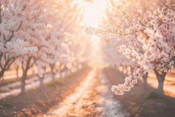 Naklejka premium Almond Orchard in Full Bloom with Rows of Trees and Delicate White and Pink Blossoms
