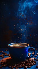 Steamy coffee cup, scattered beans, high contrast scene, vivid lights and darks, eyelevel angle, ample copy space
