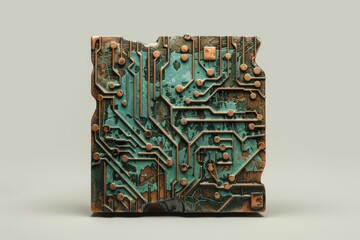 A 3D circuit board icon sculpted from weathered copper, suggesting a blend of old and new tech