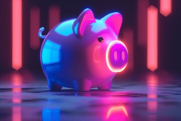 A 3D piggy bank icon with a neon glow, symbolizing saving with a modern twist