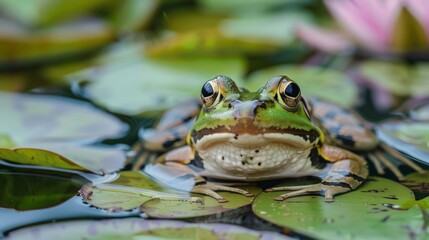 A close-up of a frogs bulging eyes and wide grin, camouflaged amongst lily pads