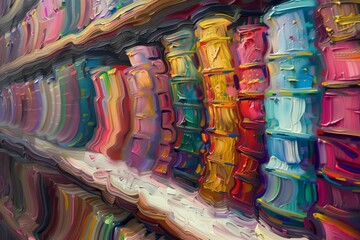A colorful spiral of bookshelves with a rainbow of colors