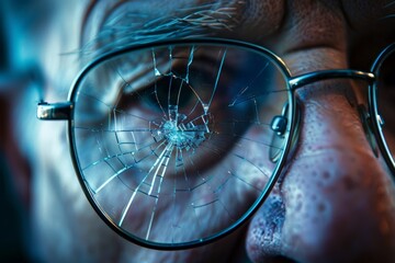 A man's face is shown with a pair of glasses that are shattered