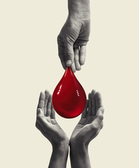 Blood transfusion from person to person, art collage.
