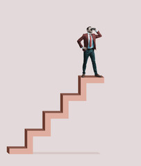 Businessman looks through binoculars. Art collage.