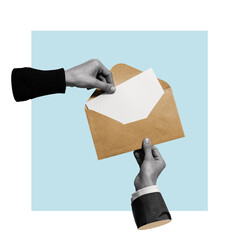 Hands with an envelope on blue background. Art collage.