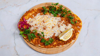 Meat lahmacun top view isolated