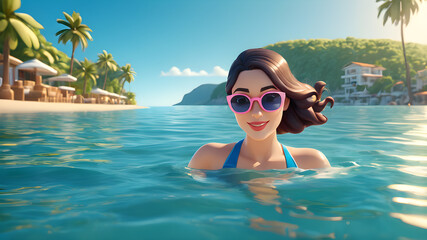 Beautiful woman swimming in the sea on vacation, 3d modern cartoon, Generative AI