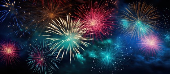 Naklejka premium colorful holiday fireworks on the black sky dark