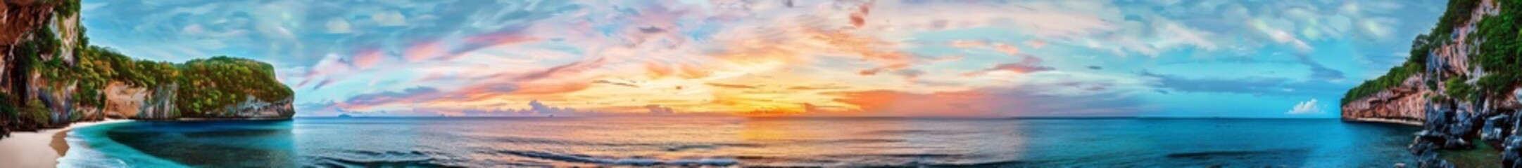 Naklejka premium A secluded cove with a small beach, surrounded by cliffs and lush vegetation. The setting sun adds a magical glow to the tropical paradise, making it a perfect getaway spot.