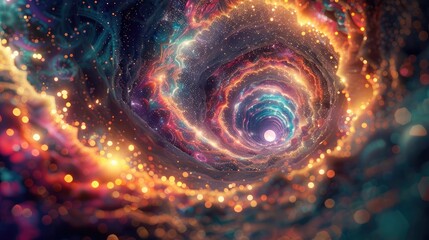 A photo of an interdimensional portal with swirling lights, a cosmic landscape with fractal patterns and floating orbs in the background
