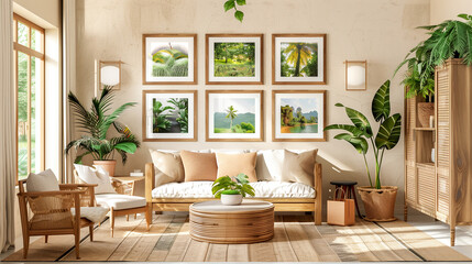 Fototapeta premium A photo gallery with a nature inspired motif, with wooden frames, placed on a beige wall in a calm room with natural light