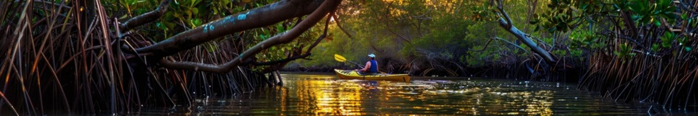 A couple kayaking through a mangrove forest, with the setting sun casting a warm glow on the water. The tropical paradise setting and the vibrant colors of the sky create a serene adventure.