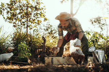 Gardeners are using coconut husks as a base for pots mixed with soil before planting vegetables.