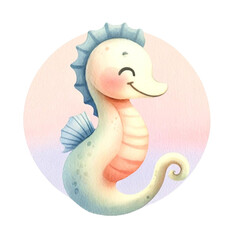 Fototapeta premium Cute watercolor seahorse illustration with a cheerful expression. Perfect for children's books, decor, and ocean-themed designs.