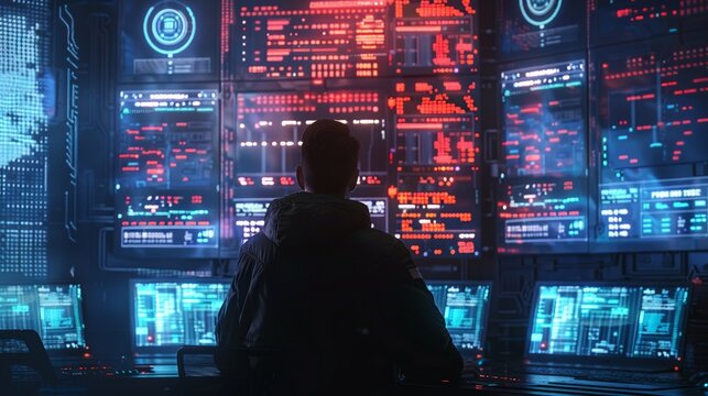 Cybersecurity Defense:a scene of a cybersecurity expert monitoring multiple screens filled with data, code,