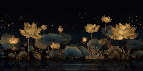 Beautiful lotus flower luxury shine background in the dark in a bright golden color, nature background, calm relaxing motif