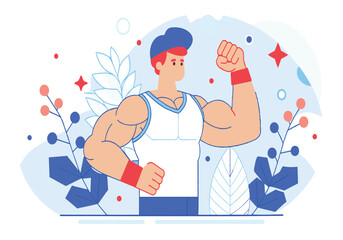 Obraz premium A man with a blue hat and a red band on his arm is flexing his muscles