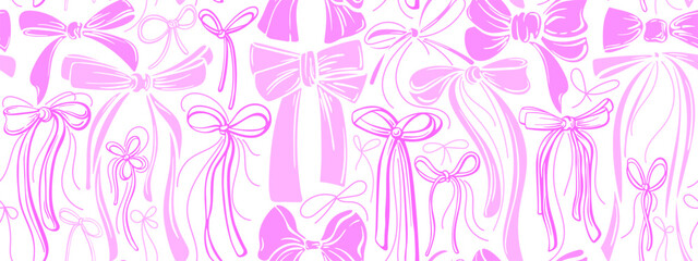 Bow sketch seamless backdrop. Vector pink ribbons