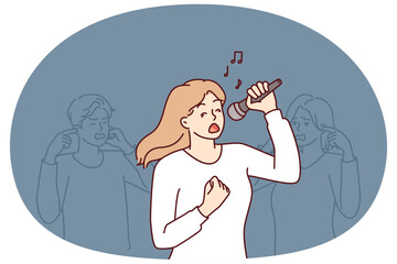 Woman sings in karaoke standing near friends covering ears due to unbearable voice or high volume. Girl suffering from stress performs songs in Karaoke, preventing people around from relaxing