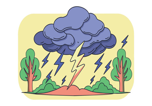 A cartoon drawing of a storm with lightning bolts and trees in the background
