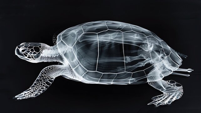 Xray of a turtles shell and internal structure, set against a black background, highlighting the unique anatomy of a reptile