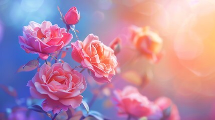 Obraz premium Roses in bloom on pastel background, close up, focus on, vibrant and appealing colors, Double exposure silhouette with garden scene