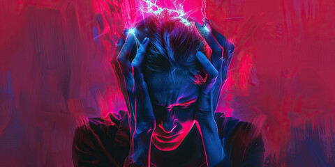 Migraine Misery: The Throbbing Agony of a Severe Headache - Visualize a scene where a migraine headache causes intense, throbbing pain, often accompanied by nausea and sensitivity to light and sound