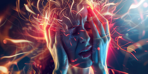 Migraine Misery: The Throbbing Agony of a Severe Headache - Visualize a scene where a migraine headache causes intense, throbbing pain, often accompanied by nausea and sensitivity to light and sound