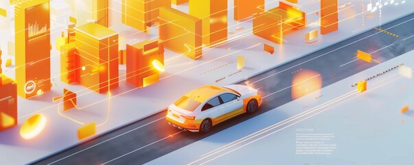 Fototapeta premium A car driving on the road, surrounded by orange and yellow buildings in the isometric style, with data visualization charts floating next to it, including an orange box and lines representing traffic 