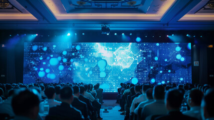 A conference held in a hotel, with many people sitting at long tables and watching PowerPoint presentations on stage. The main color was blue, creating an atmosphere of professional experience develop