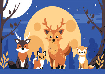 A group of animals, including a deer and a fox